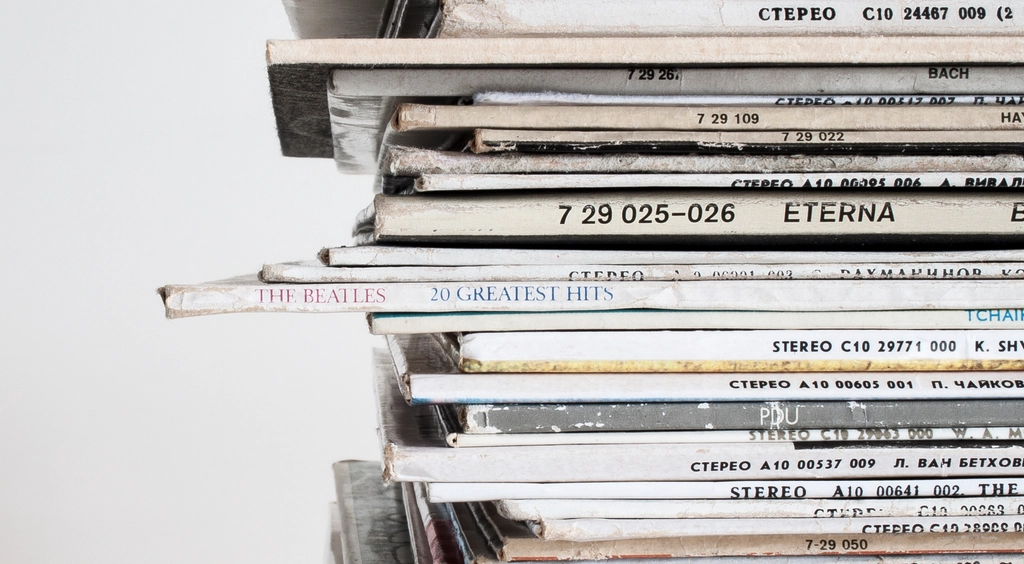 Stack of vinyl records in a warehouse bin